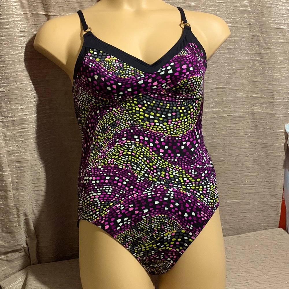 Lelani Bathing Suit Swimwear Black Purple Pink Print Size 10
